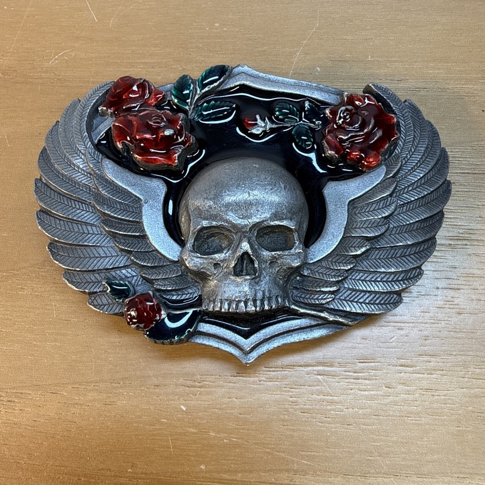 VTG 1988 Siskiyou Skull Wings Roses Metal Enamel Belt Buckle Silver Red Punk Art